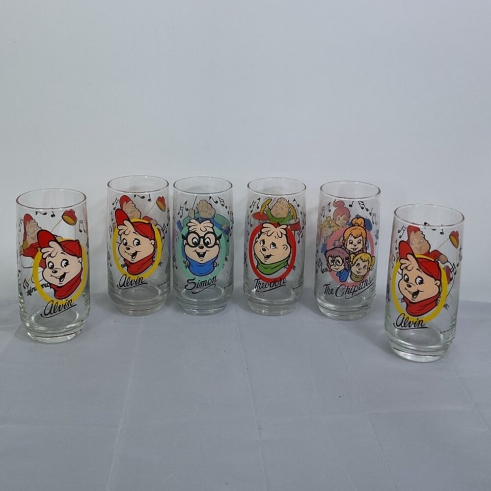 Set Of 6 Alvin & The Chipmunks Vintage Cartoon Glass Tumblers